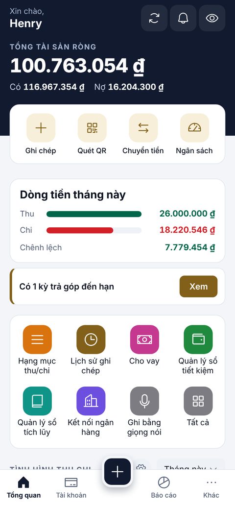 Màn Tổng quan của HenryExpense kiểu Fintech