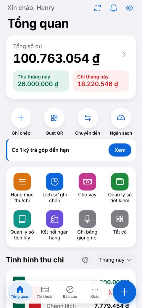 Màn Tổng quan của HenryExpense kiểu iOS